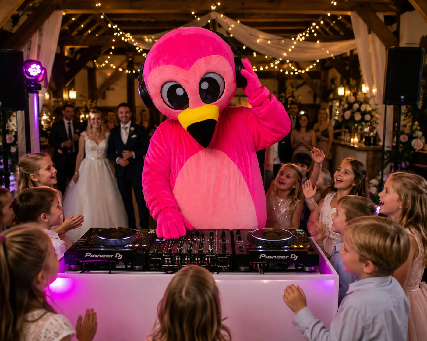 Flami draait muziek voor dansende kinderen op een feest